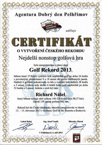 certifikát golfového rekormana