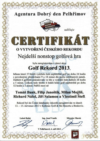 certifikát golfového rekordmana